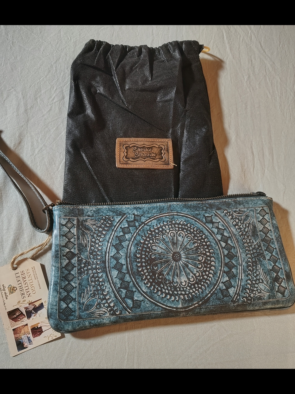 Santiago Sebastian Tooled Leather Turquoise Western Wristlet Clutch